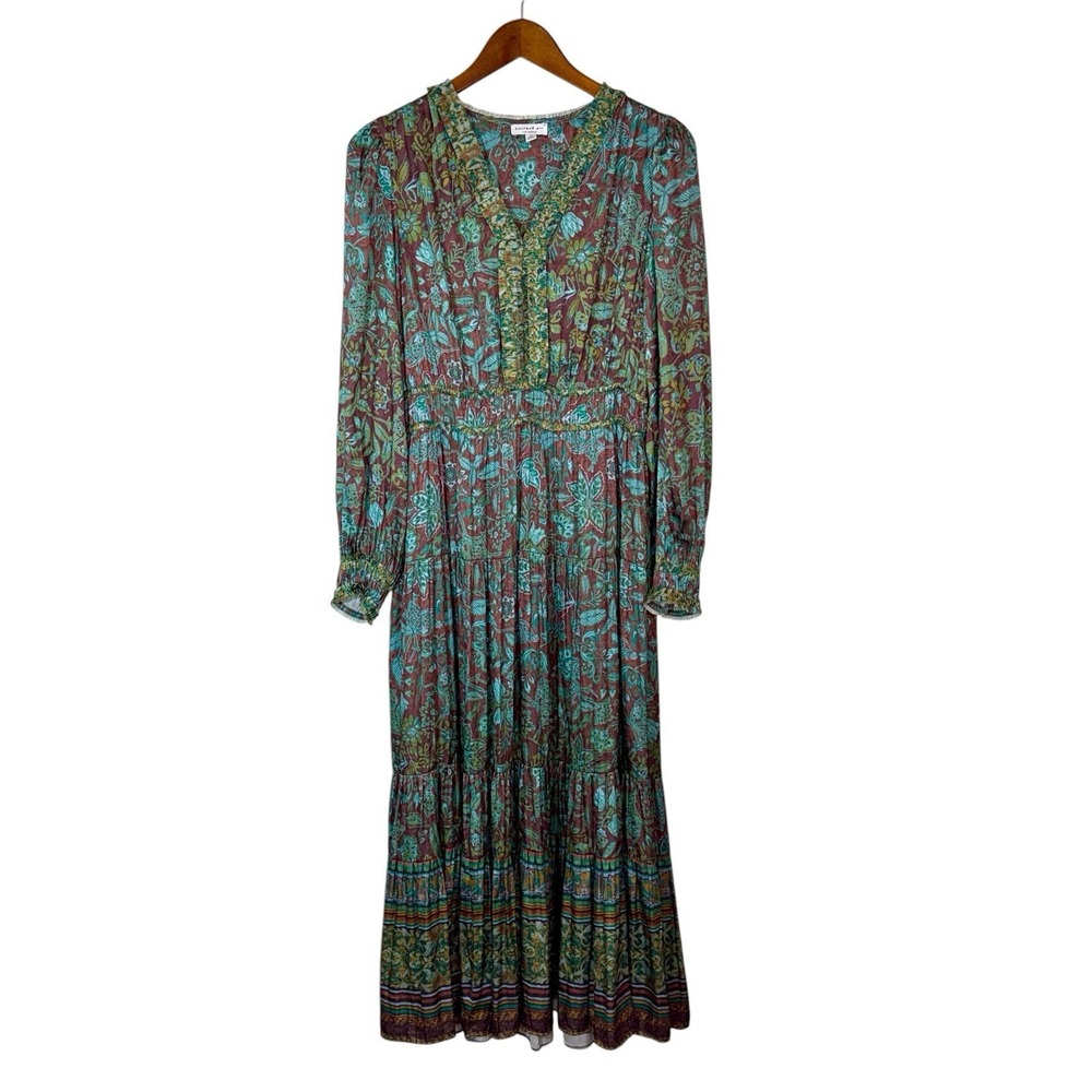 Current Air Anthropologie Tiered Maxi Dress Long Sleeve Sz M Green Floral Flowy